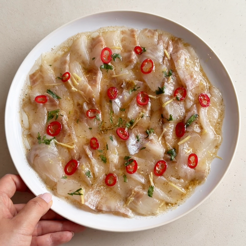 Suzuki (sea bass) Carpaccio with Nori dressing