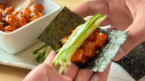 Sake Sashimi (Salmon) Yukhoe with Hokkai Nori Wraps (Izakaya Style)